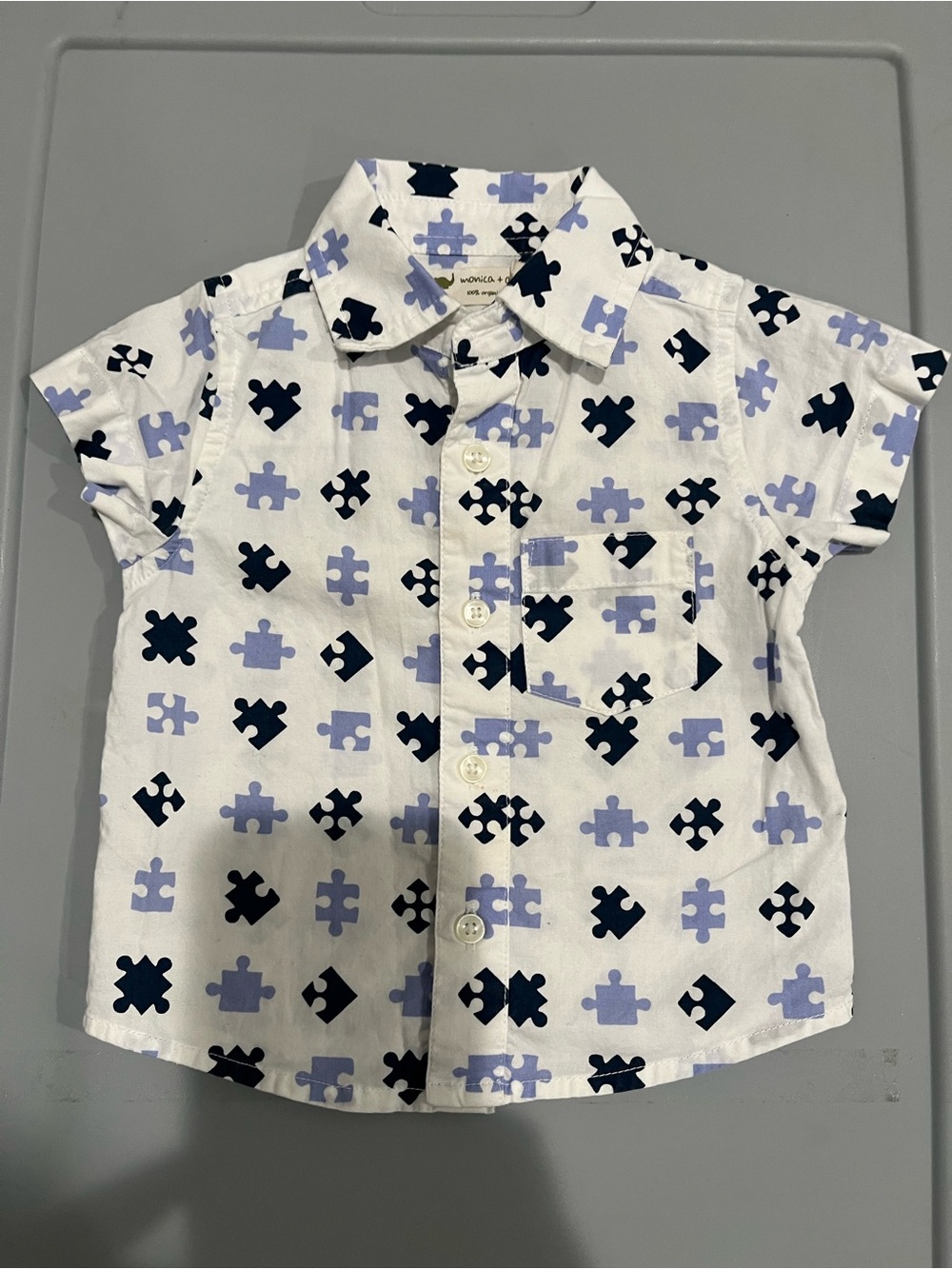 monica + Andy organic cotton White Short-Sleeve Puzzle-Print Button-Down Shirt